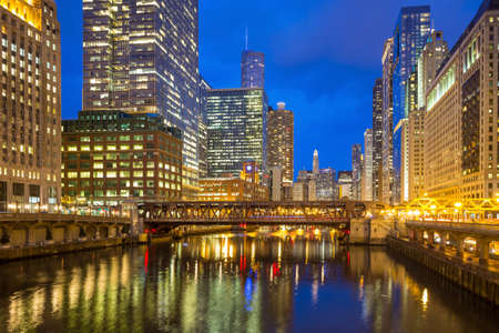 Chicago downtown and Chicago River at night.の写真素材
