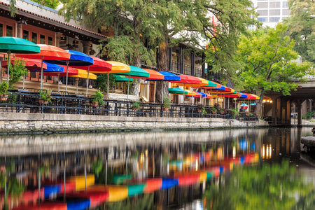 SAN ANTONIO, TEXAS, USA - SEP 27: Section of the famous Riverwalk on September 27, 2014 in San Antonio, Texas. A bustling place with many restaurants and bars.のeditorial素材