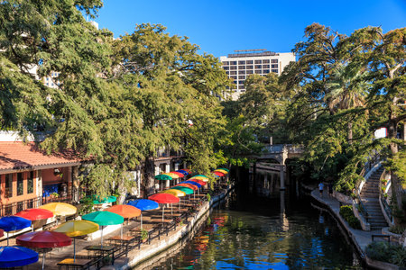 SAN ANTONIO, TEXAS, USA - SEP 27: Section of the famous Riverwalk on September 27, 2014 in San Antonio, Texas. A bustling place with many restaurants and bars.のeditorial素材