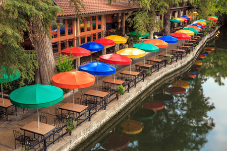SAN ANTONIO, TEXAS, USA - SEP 27: Section of the famous Riverwalk on September 27, 2014 in San Antonio, Texas. A bustling place with many restaurants and bars.のeditorial素材