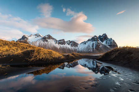 Vesturhorn Mountain and black sand dunes, Icelandの写真素材