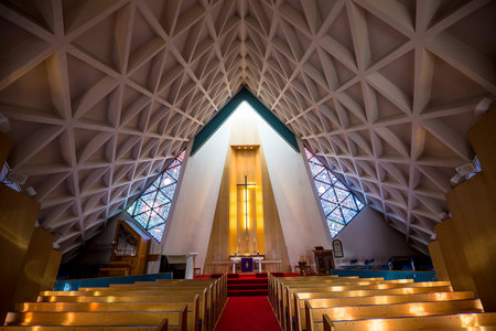 Interior of Olafsvik Church at foot of massive, steep Enni mountain in Icelandのeditorial素材