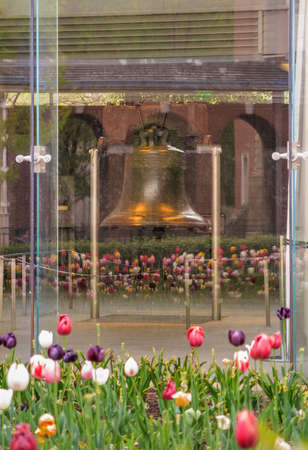 Liberty Bell old symbol of American freedom in Independence Mall building in Philadelphia Pennsylvaniaの写真素材