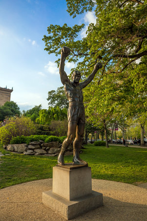 PHILADELPHIA - May 7: The Rocky Statue in Philadelphia, USA, on May 7, 2015. Originally created for the movie Rocky III, the sculpture is now a real-life monument to a celluloid heroのeditorial素材