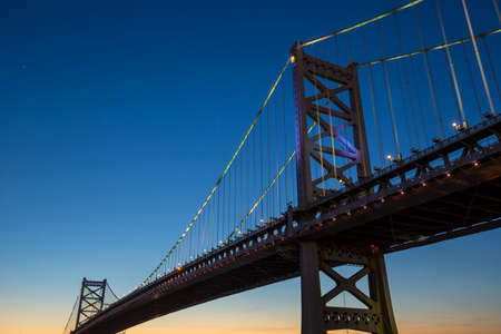 Panorama of Philadelphia skyline, Ben Franklin Bridge and Penn's Landing sunsetの写真素材