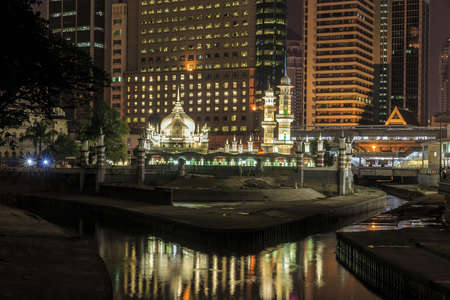 Historic mosque, Masjid Jamek at Kuala Lumpur, Malaysia at nightの写真素材