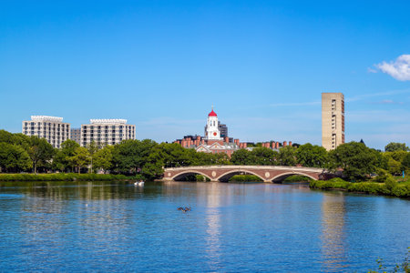 John W. Weeks Bridge with clock tower over Charles River in Harvard University campus Bostonのeditorial素材