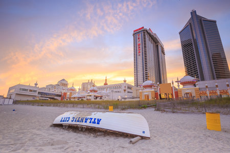 ATLANTIC CITY,  NEW JERSEY - August 3: The boardwalk and Casinos on August 3, 2015 in Atlantic City, New Jersey. Gambling was legalized in the city in 1976 and led to a resurgence.のeditorial素材