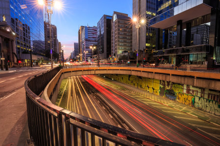 Paulista Avenue at twilight in Sao Paulo, Brazilのeditorial素材