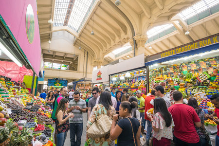 SAO PAULO, BRAZIL - JULY 19: Municipal Market (Mercado Municipal) in Sao Paulo. Its a huge and bustling market with local fruit, vegetable, spice or condiment on July 19, 2015.のeditorial素材