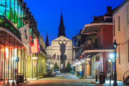 NEW ORLEANS, LOUISIANA - AUGUST 25: The French Quarter in downtown New Orleans at night on August 25, 2015.のeditorial素材