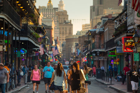 NEW ORLEANS, LOUISIANA - AUGUST 23: Pubs and bars with neon lights  in the French Quarter, downtown New Orleans on August 23, 2015.のeditorial素材