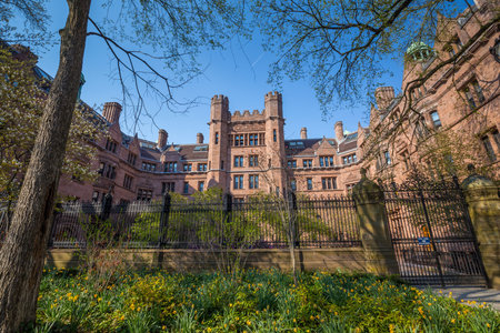 Yale university buildings in spring blue sky in New Haven, CT USAのeditorial素材