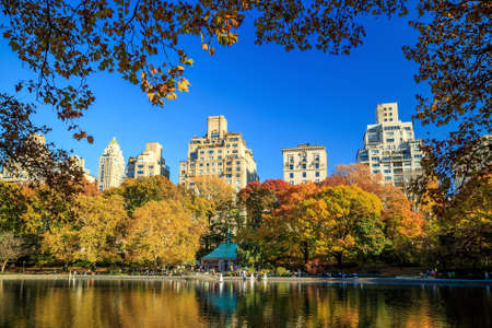 Central Park in Autumn with colorful trees and skyscrapersの写真素材