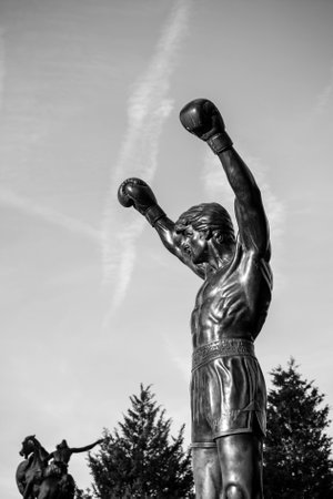 PHILADELPHIA - OCT 20: The Rocky Statue in Philadelphia, USA, on October 20, 2015. Originally created for the movie Rocky III, the sculpture is now a real-life monument to a celluloid heroのeditorial素材
