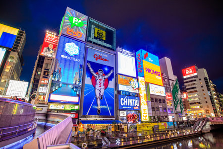 OSAKA, JAPAN - JANUARY 12:  Light displays in Dontonbori on January 12, 2016 in Namba Osaka area,  Japan. Namba is well known as an entertainment area in Osaka.のeditorial素材