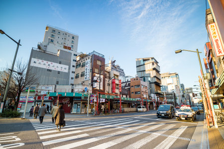 TOKYO, JAPAN - JANUARY 9: View of Asakusa district on January 9, 2016 in Tokyo, Japan. Asakusa is one of the oldest districts of Tokyo, capital city and largest urban area of Japanのeditorial素材