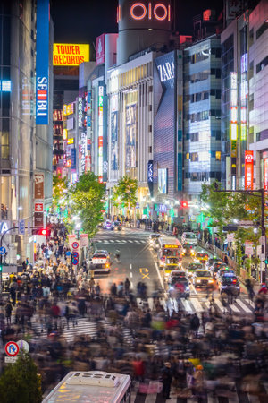 TOKYO, JAPAN - JANUARY 9: Top view view of Shibuya Crossing in Shibuya Tokyo on January 9, 2016, one of the busiest crosswalks in the world.のeditorial素材