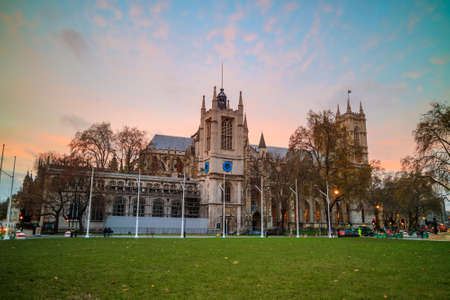 Twilight view of Westminister Abbey cathedral in London, United Kingdomの写真素材