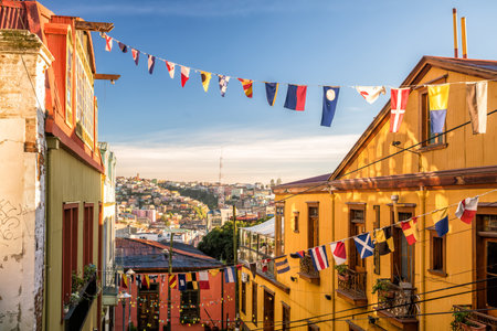 Colorful buildings of the UNESCO World Heritage city of Valparaiso, Chileのeditorial素材