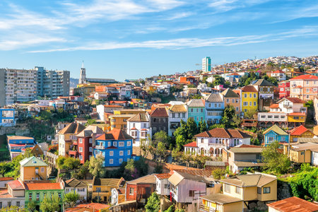 Colorful buildings of the UNESCO World Heritage city of Valparaiso, Chileのeditorial素材