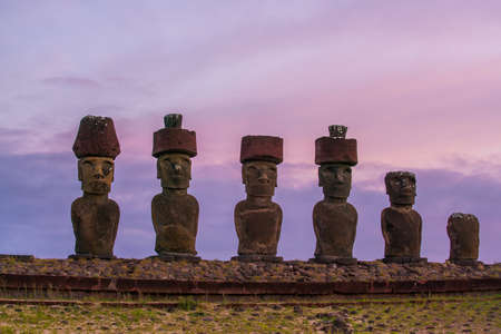 Moais at Anakena beach in Easter Island Chileの写真素材