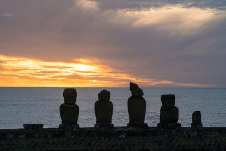 Silhouette shot of Moai statues in Easter Island, Chileの写真素材