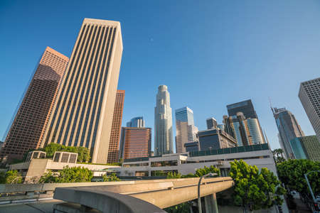 Downtown Los Angeles skyline with blue skyの写真素材