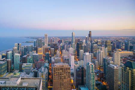 Aerial view of Chicago downtown skyline at sunset from high above.の写真素材