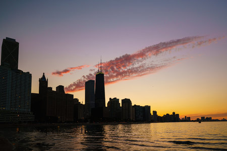 View of Chicago downtown skyline at sunset silhouetteのeditorial素材