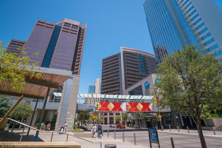 PHOENIX, AZ - JULY 16, 2016: Sunny  day and clear blue sky above business center and tall skyscrapers in downtown capital city of Phoenix, Arizona on July 16, 2016のeditorial素材