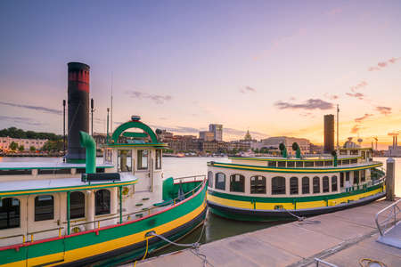 Historic District waterfront of Savannah, Georgia USA at twilightの写真素材