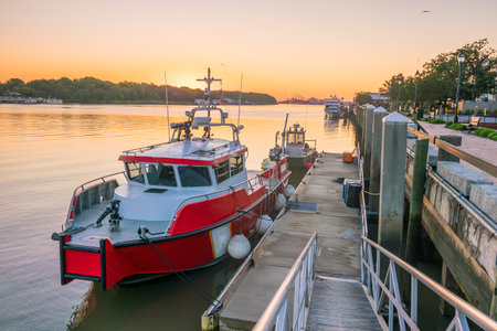 Historic District waterfront of Savannah, Georgia USA at twilightのeditorial素材