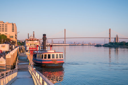 Historic District waterfront of Savannah, Georgia USA at twilightのeditorial素材