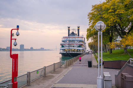 View of downtown Detroit riverfront in Michigan USAの写真素材