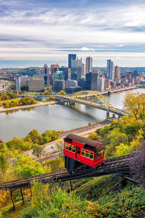 View of downtown Pittsburgh from top of the Duquesne Incline, Mount Washington, in Pittsburgh,...