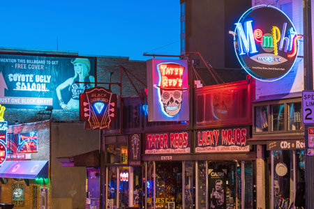 MEMPHIS, USA - NOV 12: Neon signs of famous blues clubs on Beale street on November 12, 2016  Beale street is a place for blues festivals and concertsのeditorial素材