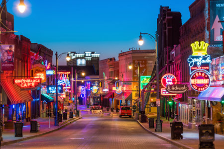 MEMPHIS, USA - NOV 12: Neon signs of famous blues clubs on Beale street on November 12, 2016  Beale street is a place for blues festivals and concertsのeditorial素材