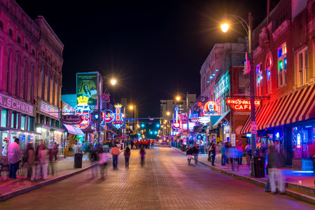 MEMPHIS, USA - NOV 12: Neon signs of famous blues clubs on Beale street on November 12, 2016  Beale street is a place for blues festivals and concertsのeditorial素材