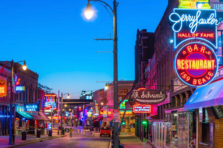 MEMPHIS, USA - NOV 12: Neon signs of famous blues clubs on Beale street on November 12, 2016  Beale street is a place for blues festivals and concertsのeditorial素材