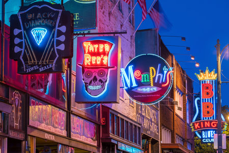 MEMPHIS, USA - NOV 12: Neon signs of famous blues clubs on Beale street on November 12, 2016  Beale street is a place for blues festivals and concerts