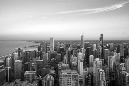 Aerial view of Chicago downtown skyline at sunset from high above.の写真素材