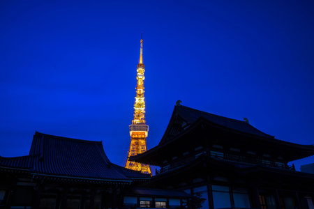 View of Zojoji Temple with Tokyo Tower in background , Japan.のeditorial素材