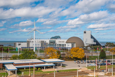 CLEVELAND, OH - NOVEMBER 4: Downtown Cleveland skyline and Great Lakes Science Center in Ohio USA on November 4, 2016のeditorial素材