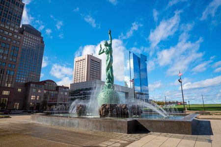 CLEVELAND, OH - NOVEMBER 4: Downtown Cleveland skyline and Fountain of Eternal Life Statue in Ohio USA on November 4, 2016のeditorial素材