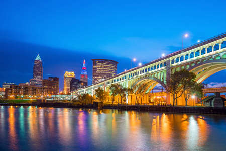View of downtown Cleveland skyline in Ohio USA at twilightの写真素材