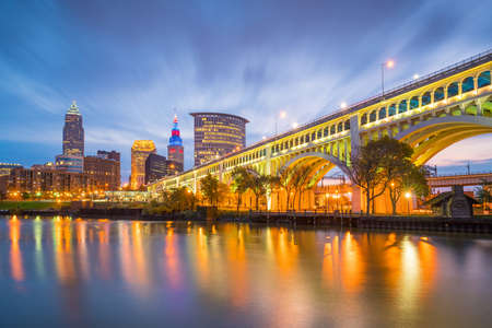 View of downtown Cleveland skyline in Ohio USA at twilightの写真素材