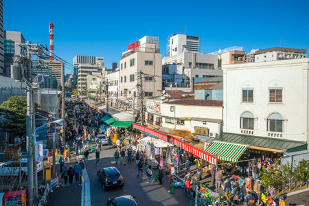 TOKYO,JAPAN - DEC 9 : View of Tsukiji fish market with retail shops and restaurants carter in Tokyo on December 9, 2016のeditorial素材
