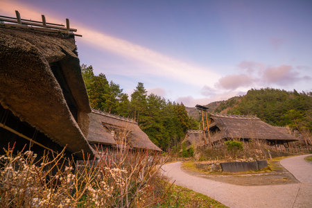 Old Japanese style house and Mt. Fuji  at sunset in Japanのeditorial素材