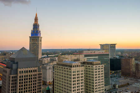 View of downtown Cleveland skyline in Ohio USA at twilight